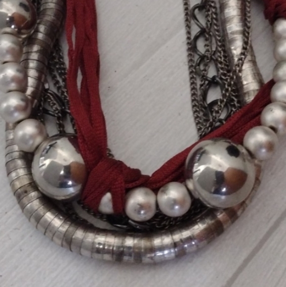 Multimedia & Very Silver-Like Beaded Multi-Chain Statement Wearable Art Necklace - Picture 5 of 12